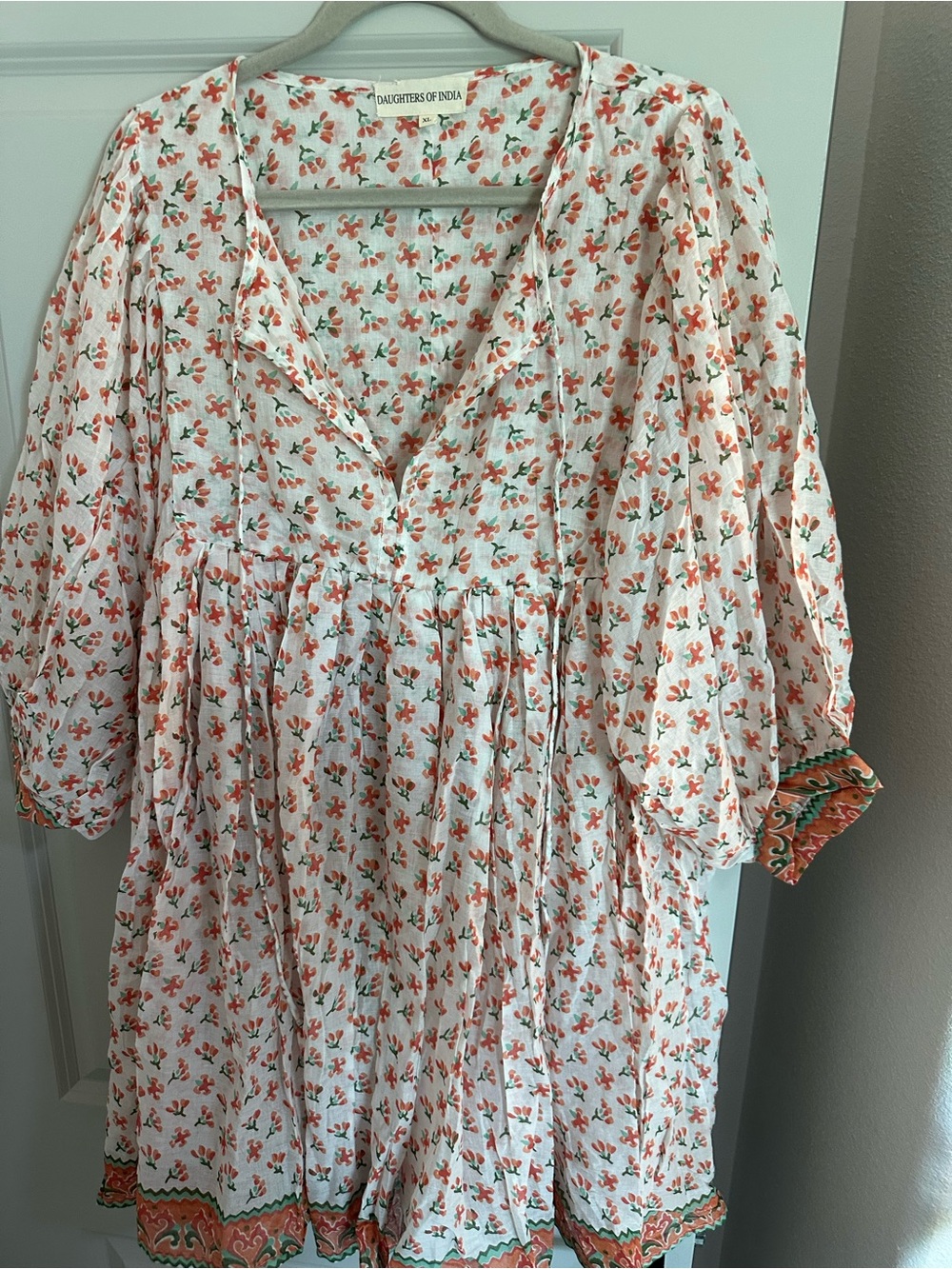 Daughters of India White Dress with Orange and Green Floral Print